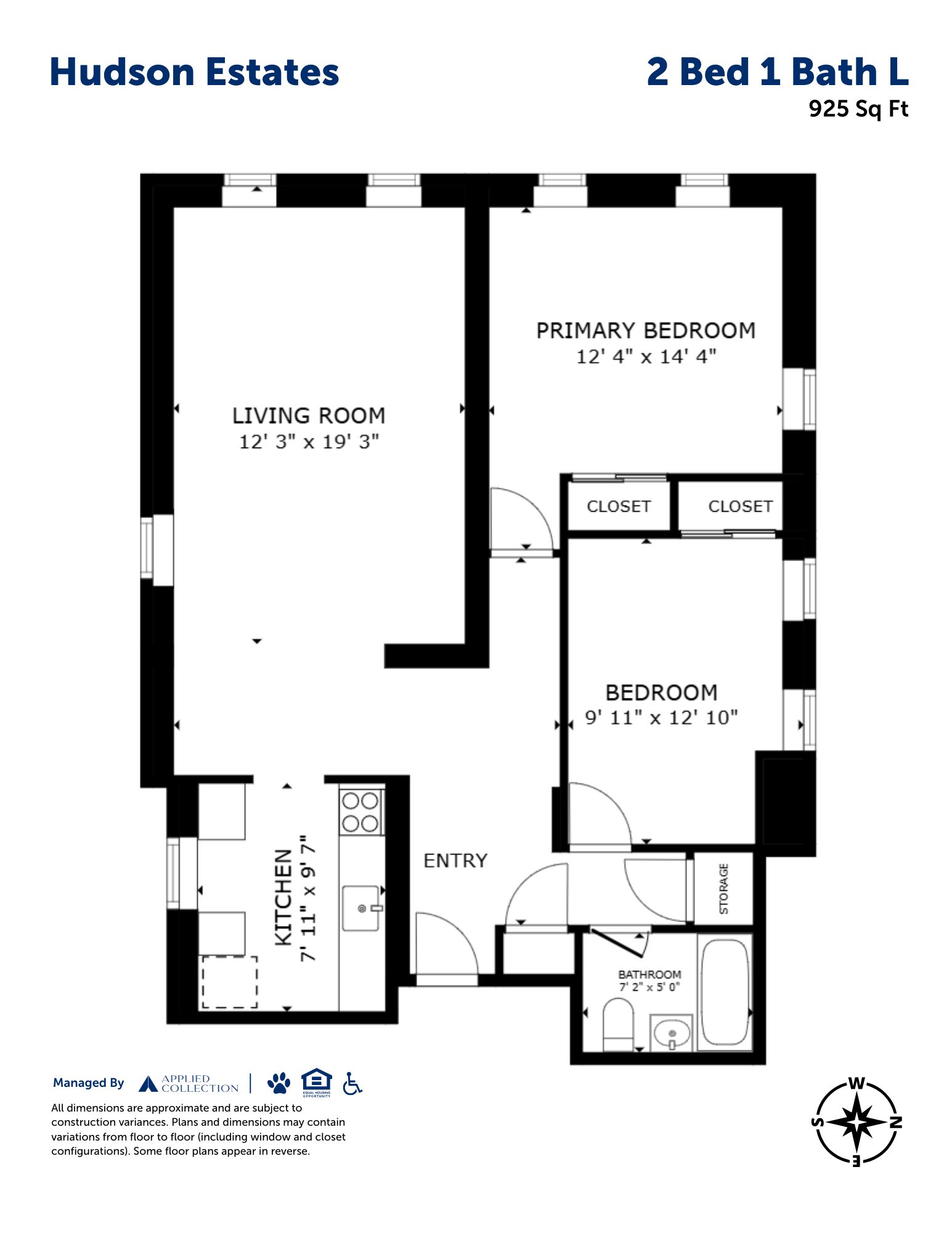 Floor plan for 2 beds, 1 bath, 925 sqft